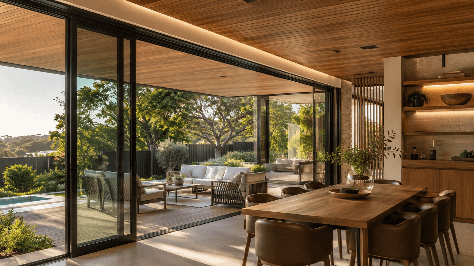 Full-height interior glazing framing a living room and bushland view