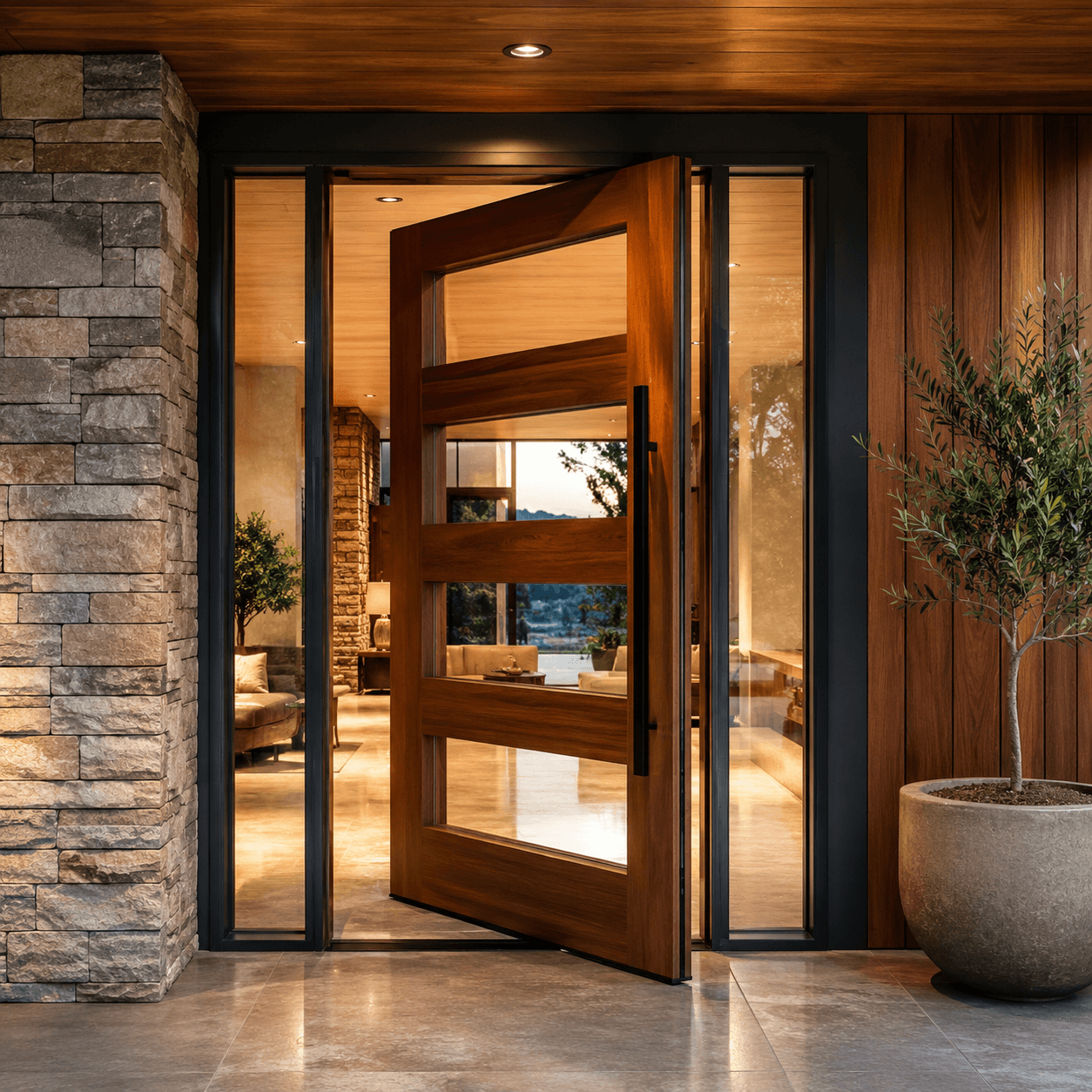 Wide timber and glass pivot front door opening into a home entryway