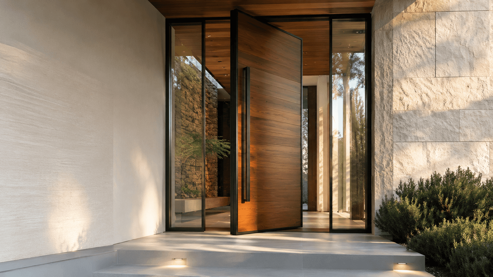 Timber-framed sliding glass doors opening onto a landscaped courtyard