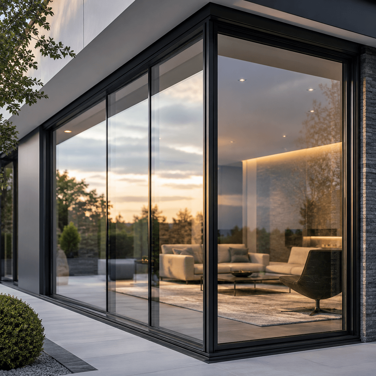 Dark contemporary facade wrapped in full-height double glazing