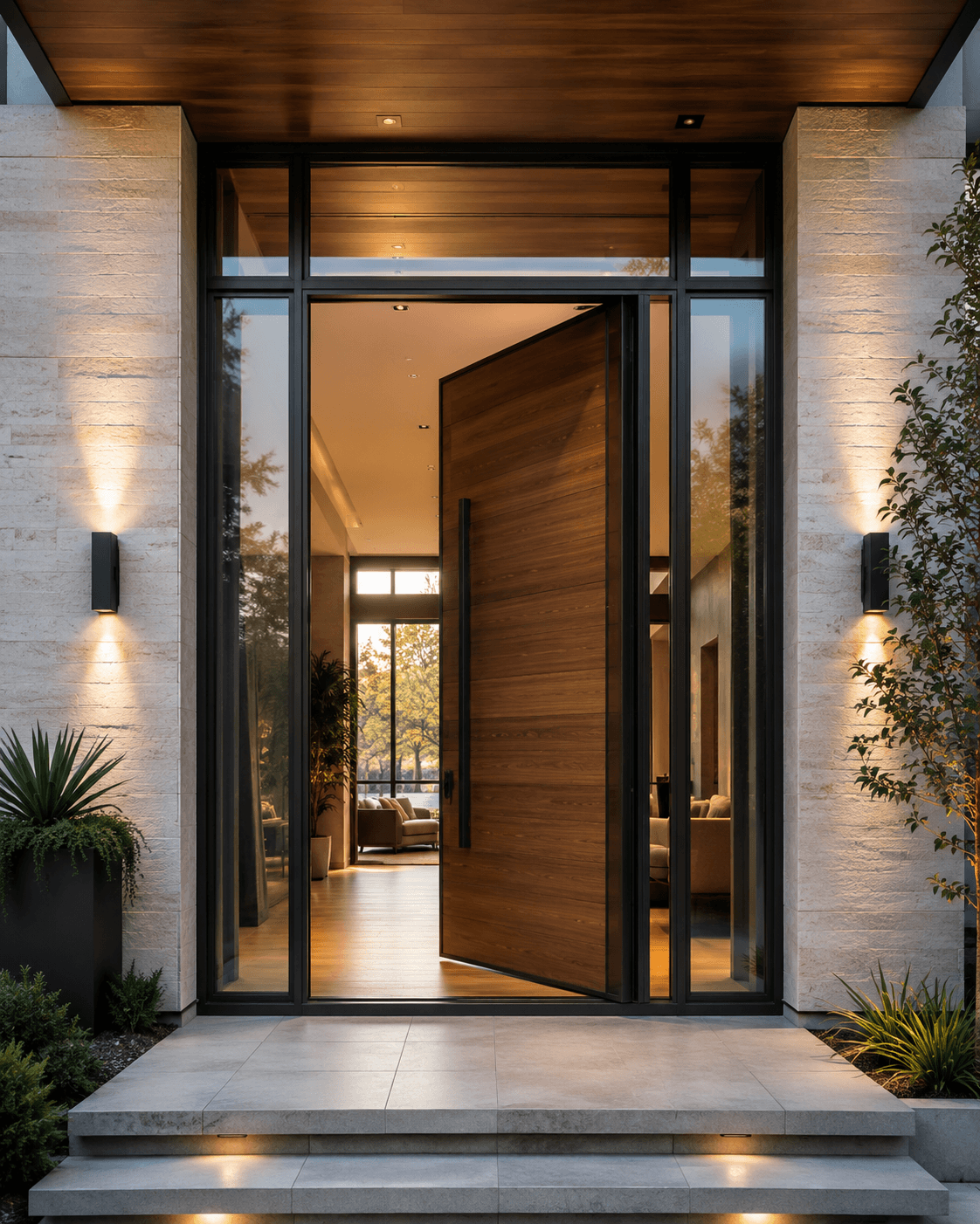 Timber-framed sliding glass doors to a courtyard