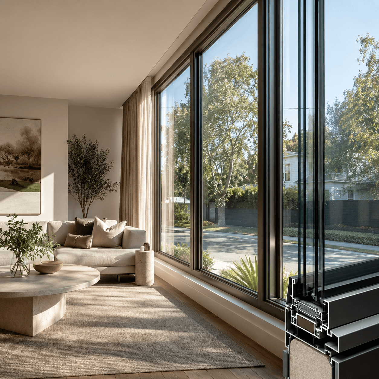 Floor-to-ceiling double-glazed windows with a cutaway view of the frame profile
