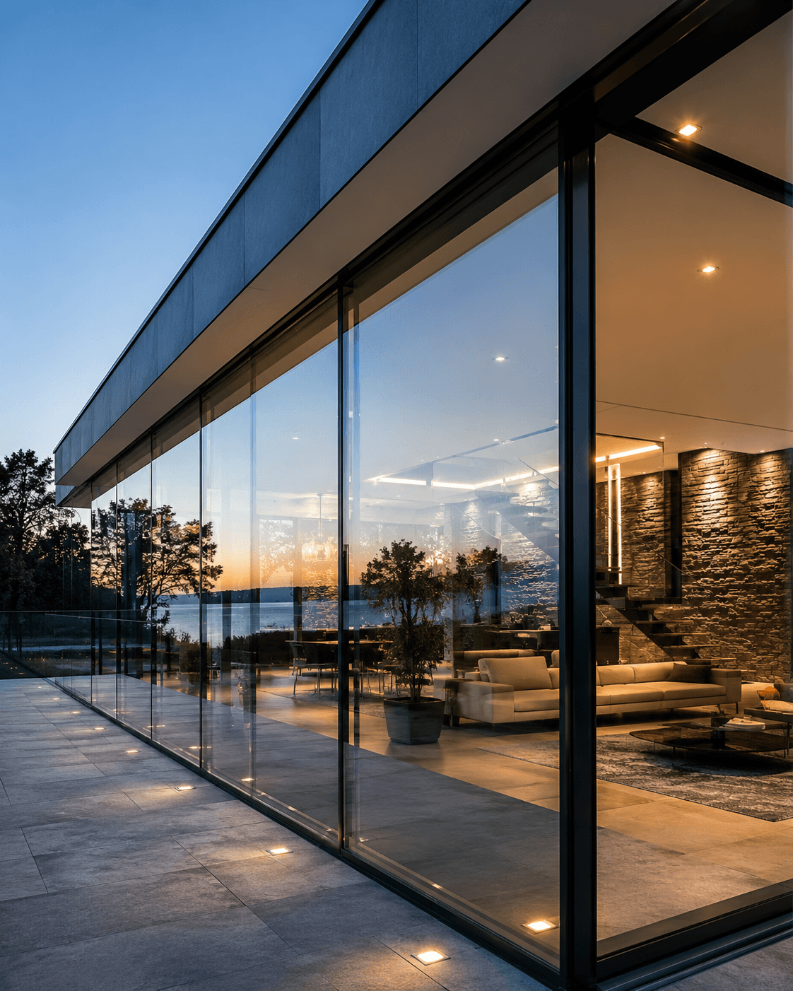 Frameless glass balustrade to a stone staircase