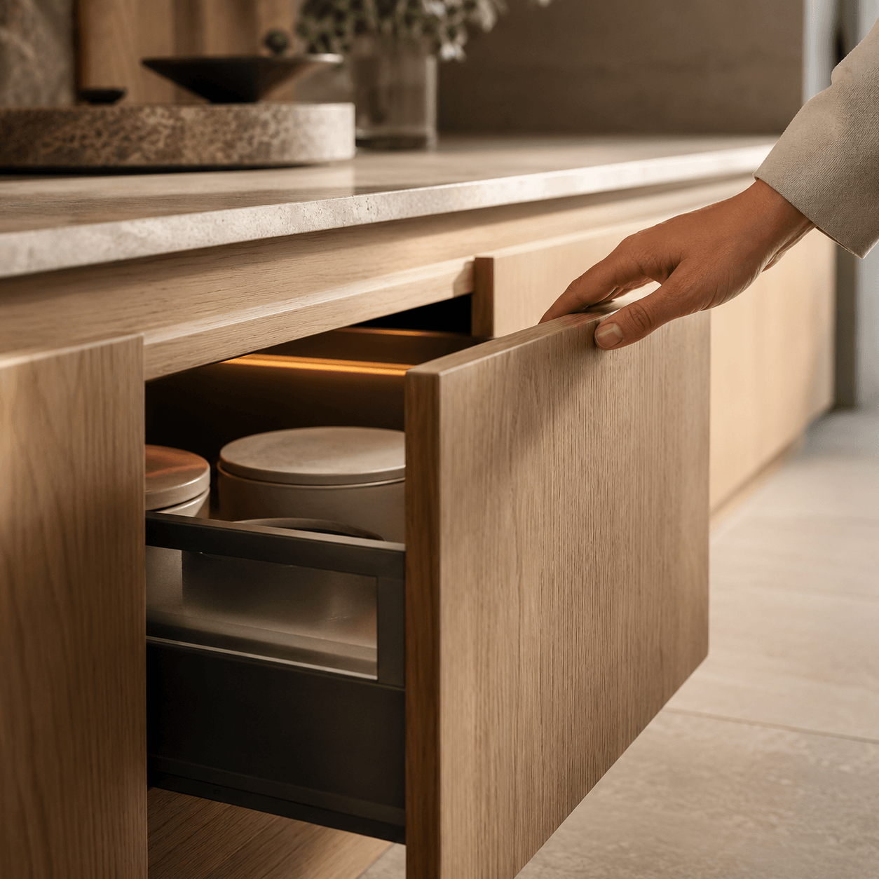 Close-up of a soft-close drawer runner on custom cabinetry