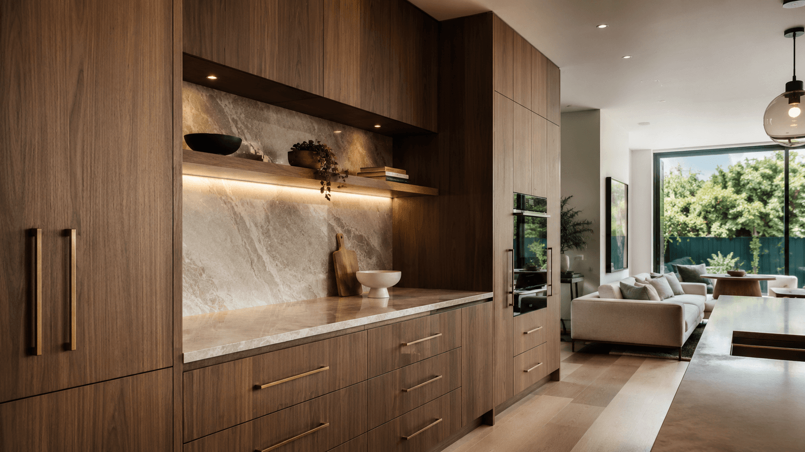 Custom dark timber kitchen joinery with soft-close drawers and quality veneers