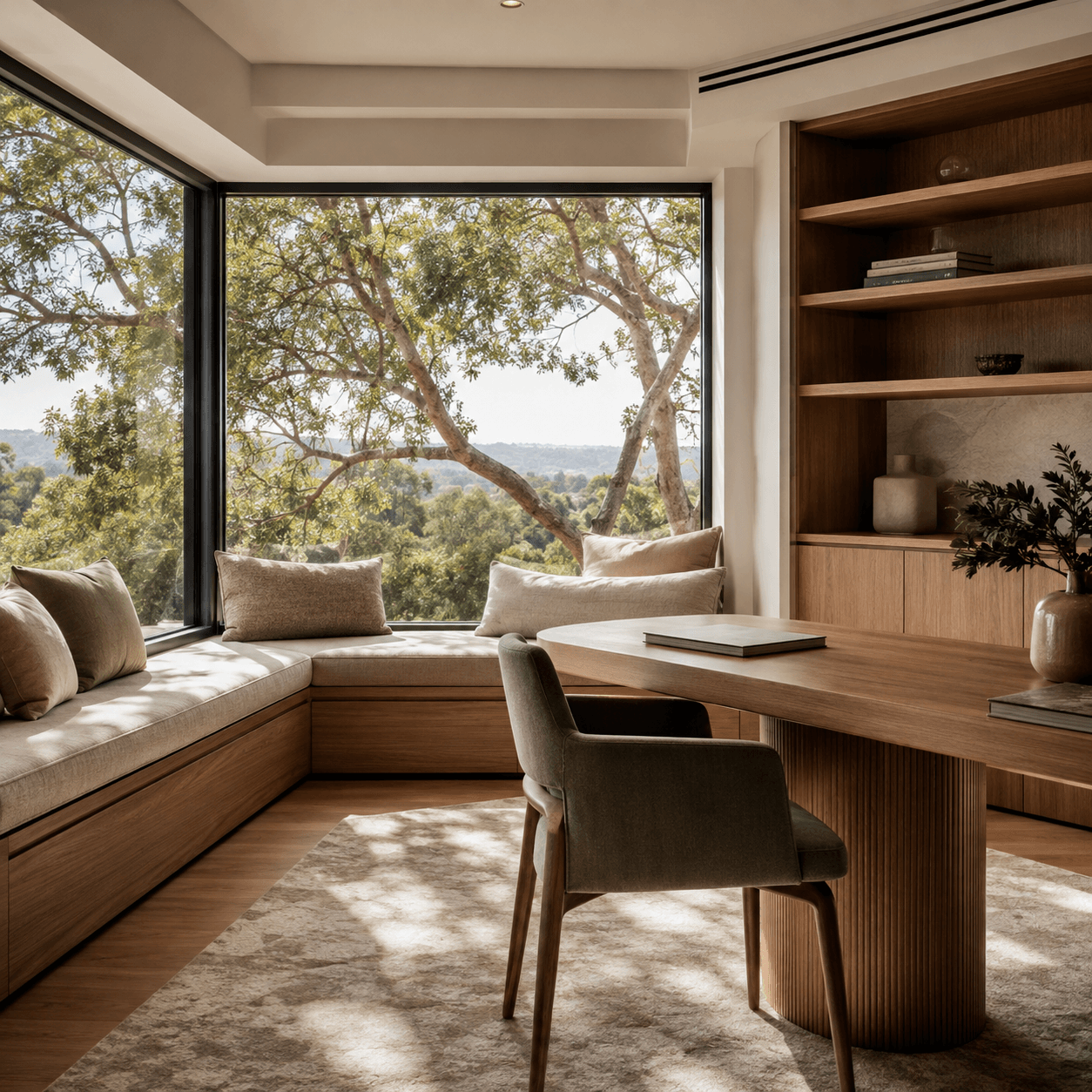 Corner picture window with built-in window seat overlooking bushland at Chapel Hill