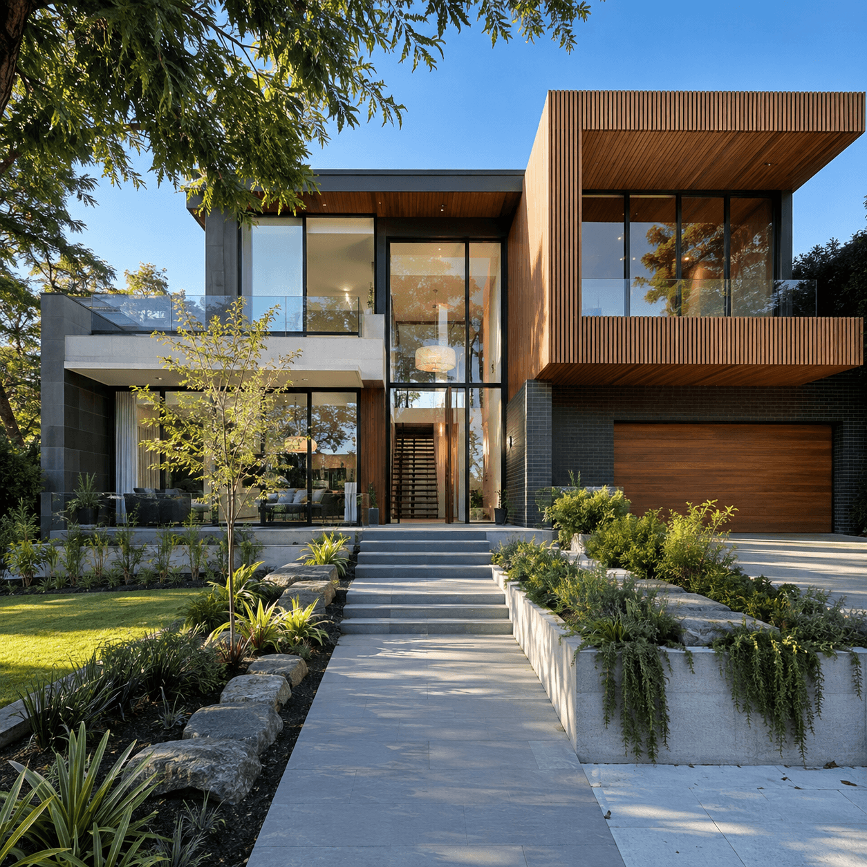 Two-storey home exterior with extensive floor-to-ceiling window glazing and timber screening