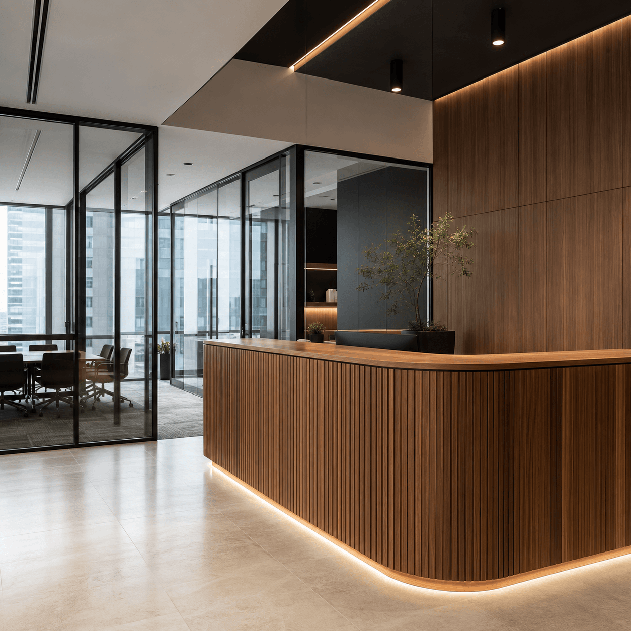 Commercial office reception with frameless glass partition walls and doors