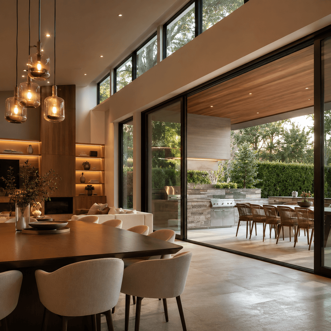 Dining area opening onto an outdoor kitchen through wide sliding stacker doors