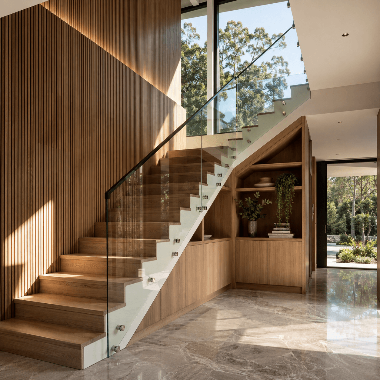 Timber staircase with a frameless glass balustrade beside a floor-to-ceiling window