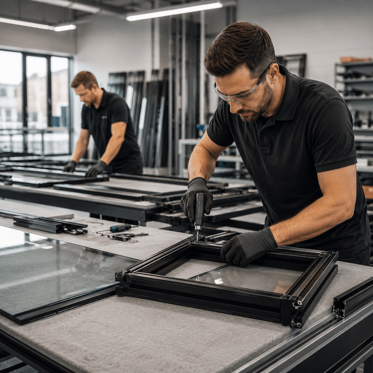 Glaziers fabricating an aluminium window frame in the PC Joinery & Glazing workshop